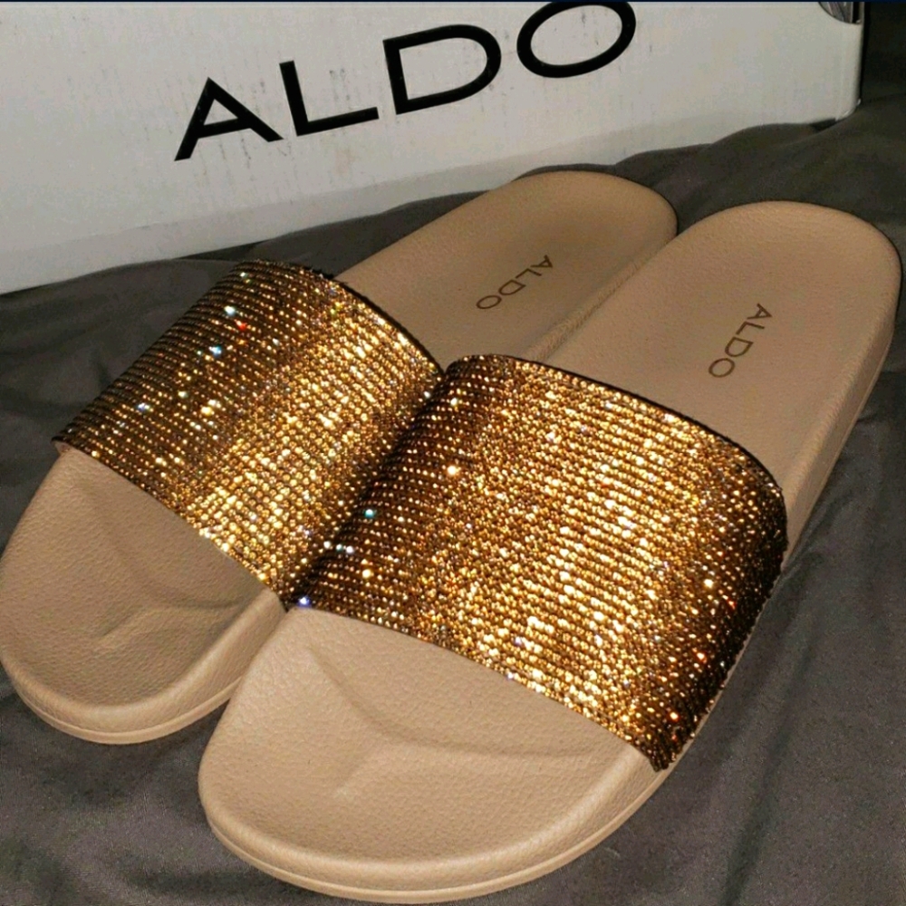 Aldo Montagne Gold Rhinestone Sandal Sli…